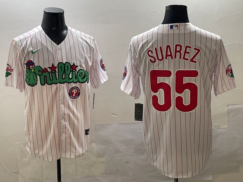 Men Philadelphia Phillies #55 Suarez White Stripe Three generations Joint Name Game 2025 Nike MLB Jersey style 5